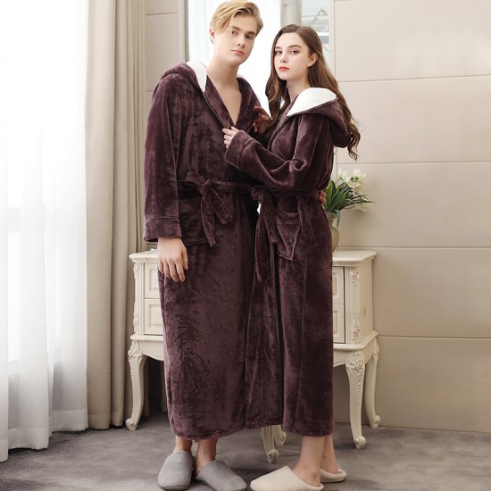 Coral Fleece Nightgown for Men and Women, Autumn/Winter Long-Sleeved Tie-Drawn Pajamas, Loungewear, Long Thickened Flannel Couple's Bathrobe