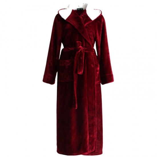 Coral Fleece Nightgown for Men and Women, Autumn/Winter Long-Sleeved Tie-Drawn Pajamas, Loungewear, Long Thickened Flannel Couple's Bathrobe