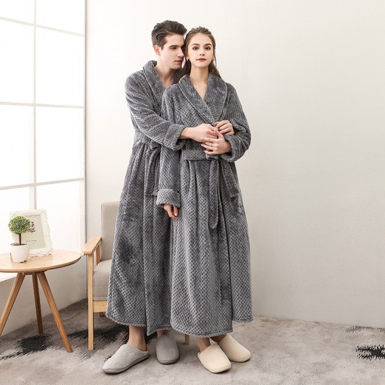 Autumn and Winter Thickened Flannel Baby Fleece Couple's Nightgown for Men and Women Extra Long Fixed Waist Yukata