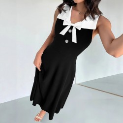 2025 summer new women's lapel, two-button chest, slim-fitting bow-tie sleeveless dress.