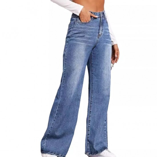 2025 European and American Foreign Trade Hot-Style Washed Cat Whisker Monkey Craft Loose High-Waisted Wide-Leg Jeans for Women