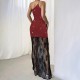 Elegant One-Shoulder Lace Maxi Dress: European and American Fashion Casual Autumn and Winter Style, Elegant Mesh Knitted Slim Fit Dress