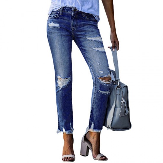 Factory direct sales: 2025 new washed ripped tassel women's jeans, European and American slim-fit stretch skinny jeans, wholesale
