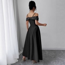 European and American women's high-end maxi dress, 2025 summer new high-waisted, elegant, off-the-shoulder, elegant, bubble-beaded dress.