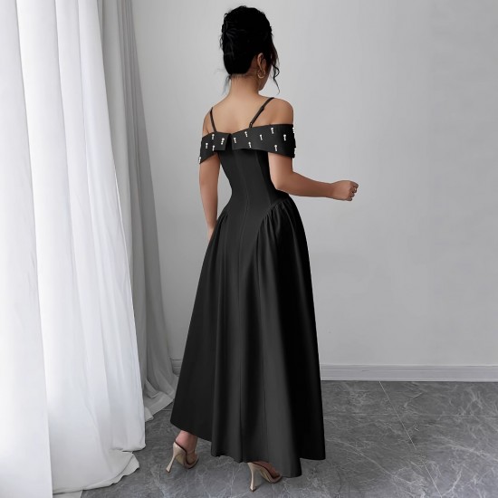 European and American women's high-end maxi dress, 2025 summer new high-waisted, elegant, off-the-shoulder, elegant, bubble-beaded dress.