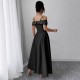 European and American women's high-end maxi dress, 2025 summer new high-waisted, elegant, off-the-shoulder, elegant, bubble-beaded dress.