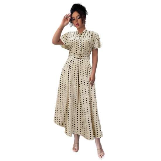 European and American women's polka-dot retro short-sleeved maxi dresses with a belt and decorative buckle for a slimming, fashionable dress. European and American women's polka-dot retro short-sleeved maxi dresses with a belt and decorative buckle for a slimming, fashionable dress.
