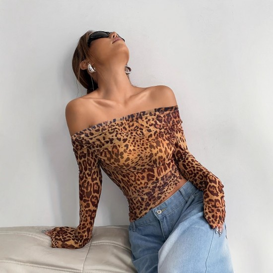Sexy, European and American summer, long-sleeved, off-the-shoulder, cross-border women's clothing, sexy, leopard-print, one-piece top.
