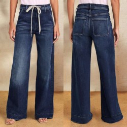 Foreign Trade Wholesale European and American Women's 2025 Spring New Lace-Up Stretch Jeans, Straight-Leg, Elegant Wide-Leg Pants