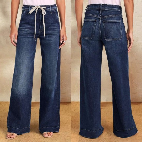 Foreign Trade Wholesale European and American Women's 2025 Spring New Lace-Up Stretch Jeans, Straight-Leg, Elegant Wide-Leg Pants