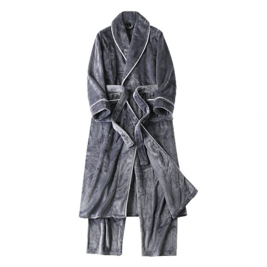 Autumn and winter coral fleece robes for men, plus-length thickened flannel bathrobes for women, with pants.
