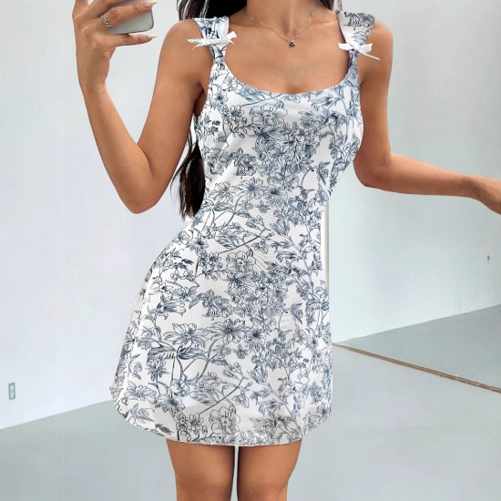 2025 Summer New Women's Midi Skirt Elegant and sophisticated retro blue and white porcelain adjustable vest dress