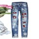 2025 European and American cross-border straight jeans for women, Christmas snowflake print patchwork ripped denim pants in stock