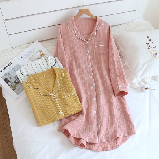 Wholesale new women's nightgown, cotton crepe bath skirt, double-layer gauze open-front long-sleeved loungewear, dropshipping. Wholesale new women's nightgown, cotton crepe bath skirt, double-layer gauze open-front long-sleeved loungewear, dropshipping.