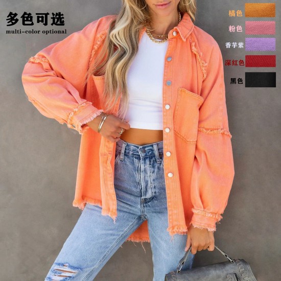 Factory direct 2025 Autumn European and American long-sleeved denim jacket for women, washed, raw-edged, mid-length, loose-fitting jacket in stock. Factory direct 2025 Autumn European and American long-sleeved denim jacket for women, washed, raw-edged, mid-length, loose-fitting jacket in stock.