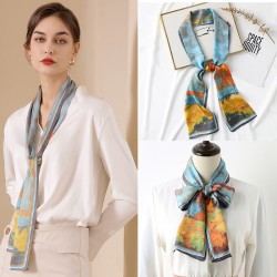 2025 new summer women's long silk scarf, wholesale printed imitation silk, tied with ribbons, sweet small neck scarf.