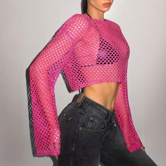 Mesh eyelet knitted top with outer layer, cross-border European and American fashion, fishnet see-through, sexy women's clothing