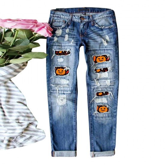 European and American cross-border AliExpress trendy Halloween pumpkin ripped print jeans for women, mid-rise straight-leg pants
