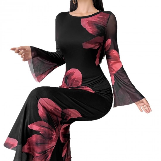 Cross-border elegant, stylish, long dress, slim-fitting, retro-printed, slightly flared, long-sleeved, mesh dress for women.
