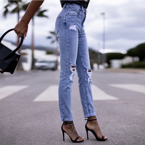 2025 Spring Amazon Factory-Shop European and American Stretch Ripped Women's Straight-Leg Skinny Hip-Lifting Fashion Jeans