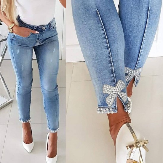 Factory direct cross-border European and American slim-fit jeans for women, butterfly-embellished, beaded slit skinny pencil pants