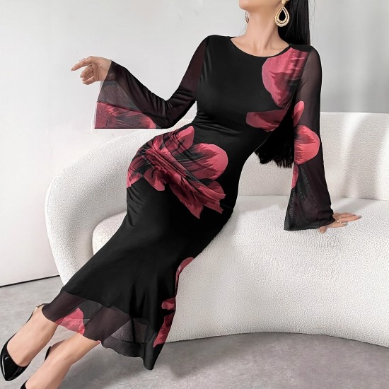 Cross-border elegant, stylish, long dress, slim-fitting, retro-printed, slightly flared, long-sleeved, mesh dress for women.