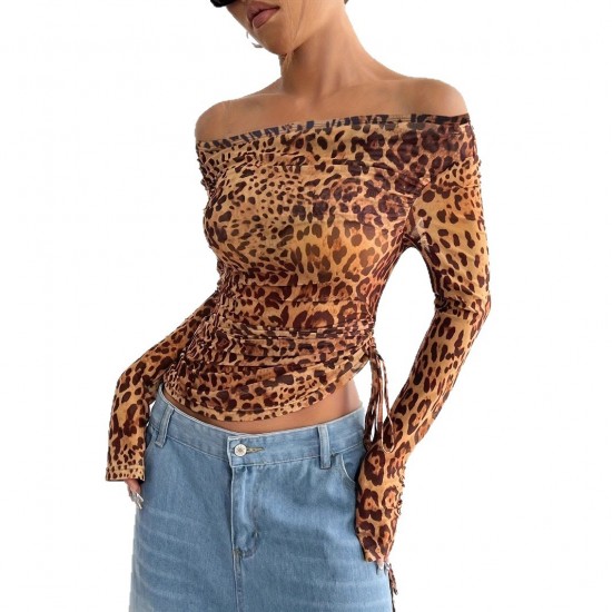 Sexy, European and American summer, long-sleeved, off-the-shoulder, cross-border women's clothing, sexy, leopard-print, one-piece top.