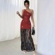 Elegant One-Shoulder Lace Maxi Dress: European and American Fashion Casual Autumn and Winter Style, Elegant Mesh Knitted Slim Fit Dress