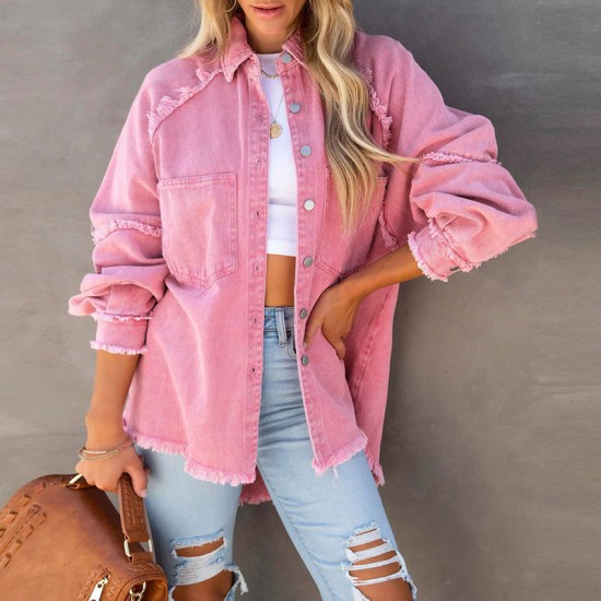 Factory direct 2025 Autumn European and American long-sleeved denim jacket for women, washed, raw-edged, mid-length, loose-fitting jacket in stock. Factory direct 2025 Autumn European and American long-sleeved denim jacket for women, washed, raw-edged, mid-length, loose-fitting jacket in stock.