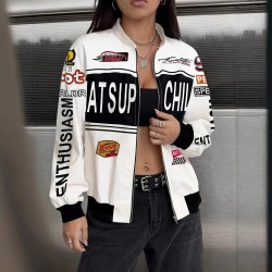 European and American women's autumn/winter 2025 new streetwear long-sleeved jacket with personalized lettering, zippered, stand-up collar.