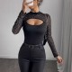 European and American, cross-border, elegant, long-sleeved, transparent mesh, patchwork, T-shirt. Slim-fitting, hollow, see-through, long-sleeved top.