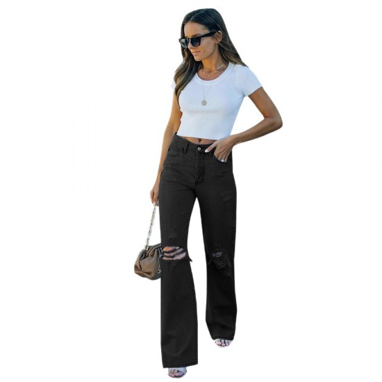 European and American Cross-Border 2025 Spring/Autumn New High-Waisted Slimming Ripped Straight-Leg Jeans for Women: In Stock