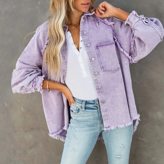 Factory direct 2025 Autumn European and American long-sleeved denim jacket for women, washed, raw-edged, mid-length, loose-fitting jacket in stock. Factory direct 2025 Autumn European and American long-sleeved denim jacket for women, washed, raw-edged, mid-length, loose-fitting jacket in stock.