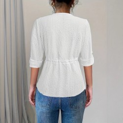European and American mid-sleeved open shirt for women, 2025 spring and autumn new style, elegant casual round-neck drawstring waisted top