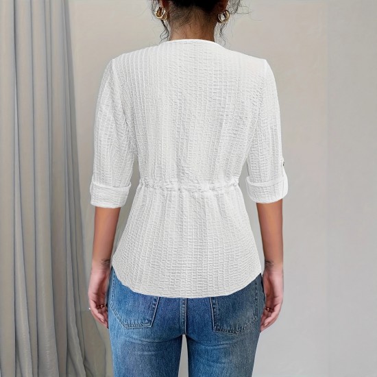 European and American mid-sleeved open shirt for women, 2025 spring and autumn new style, elegant casual round-neck drawstring waisted top