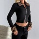 European and American long-sleeved tops and jackets for women: leopard print patchwork, solid color knitted stripes, double front zipper, leopard print fur collar design.