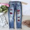 Cross-border Foreign Trade Straight Jeans for Women, 2025 New Red Plaid Print Patchwork, Ripped Pants, In Stock Goods