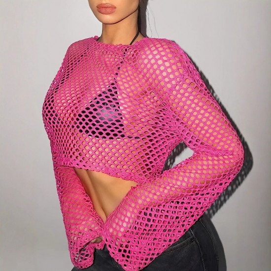 Mesh eyelet knitted top with outer layer, cross-border European and American fashion, fishnet see-through, sexy women's clothing