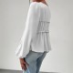 Elegant long-sleeved top, blouse. Loose-fitting V-neck, ruffled hem, contrasting lace-up design for a slimming, versatile shirt. Elegant long-sleeved top, blouse. Loose-fitting V-neck, ruffled hem, contrasting lace-up design for a slimming, versatile shirt.
