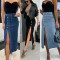 Amazon cross-border women's buttoned, irregularly slit, high-waisted, sexy, slim-fitting skirt, now in stock.