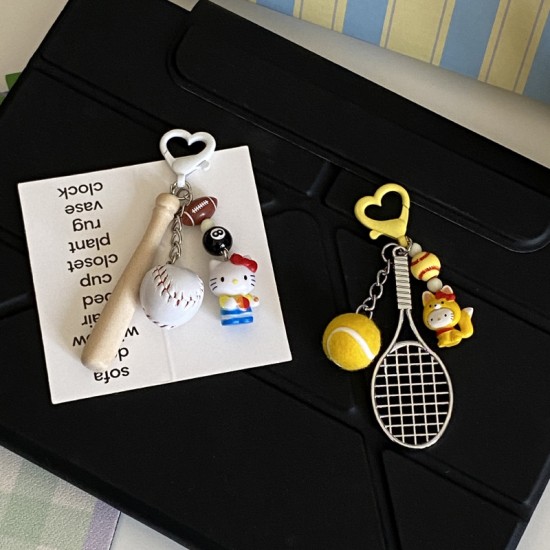 Homemade creative table tennis, badminton, KT doll keychain, cartoon sports game racket series bag charm for couples. Homemade creative table tennis, badminton, KT doll keychain, cartoon sports game racket series bag charm for couples.