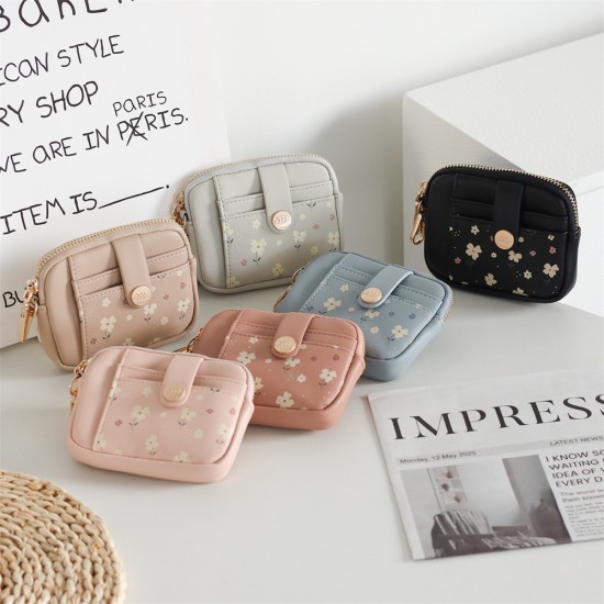 PRETTYZYS Korean-style, fresh and sweet printed, multi-card slot zippered mini women's coin purse with small hook