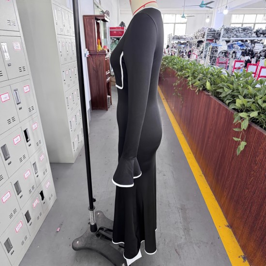 New Spring 2025 European and American Cross-Border Women's Fashion: Elegant and Fashionable Square Neck, Contrast Color, Slim Fit, Bell Sleeve Dress New Spring 2025 European and American Cross-Border Women's Fashion: Elegant and Fashionable Square Neck, Contrast Color, Slim Fit, Bell Sleeve Dress