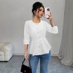 European and American mid-sleeved open shirt for women, 2025 spring and autumn new style, elegant casual round-neck drawstring waisted top