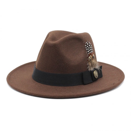 White woolen gentleman's classic British jazz feather hat with a flattering face shape, woolen felt hat for men and women White woolen gentleman's classic British jazz feather hat with a flattering face shape, woolen felt hat for men and women