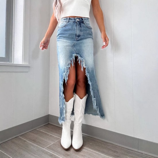 Amazon cross-border 2025 Spring new high-waisted, irregular, raw-edge denim skirt for women, distressed and washed.