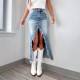Amazon cross-border 2025 Spring new high-waisted, irregular, raw-edge denim skirt for women, distressed and washed.