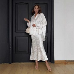 New women's suit, high-end, elegant, slim-fitting, satin long-sleeved lapel shirt, fishtail maxi skirt, two-piece set.