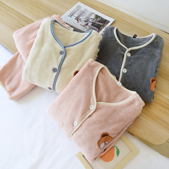 Couple flannel pajamas, simple, long-sleeved, plush, warm, two-piece loungewear set for men and women for autumn and winter