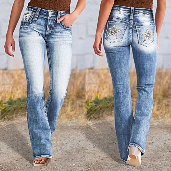 AliExpress cross-border European and American 2025 spring new embroidered jeans for women, high-quality straight-leg slim stretch trousers.